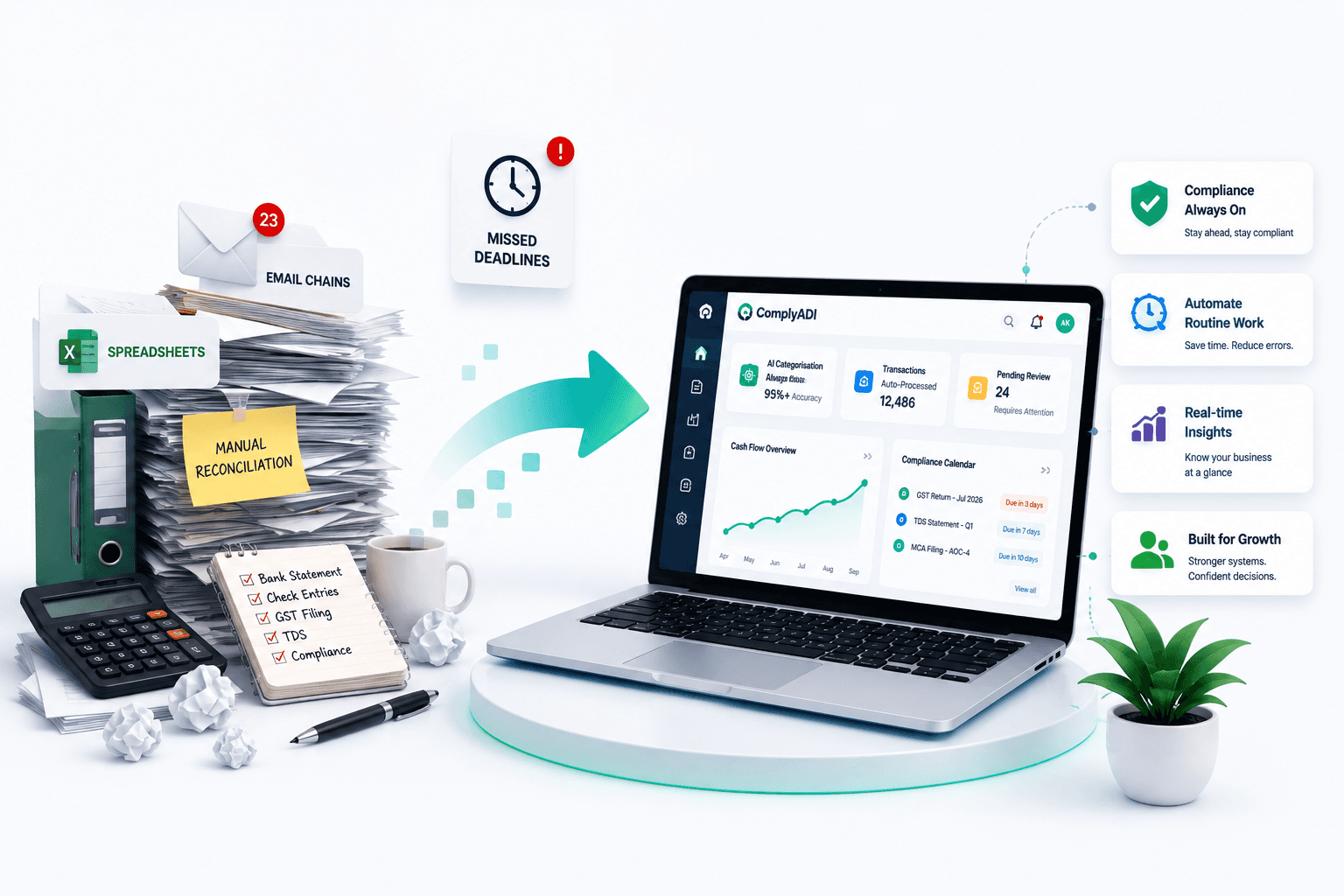 A laptop showing an accounting dashboard — a cash-flow chart, a compliance calendar of upcoming filings and three summary tiles — stands on a plinth beside a stack of paper files, a ring binder, a calculator, a coffee cup and a handwritten checklist, with labels for spreadsheets, email chains, missed deadlines and manual reconciliation, an arrow crossing from the paper to the screen, and four cards down the right for compliance, automation, insights and growth